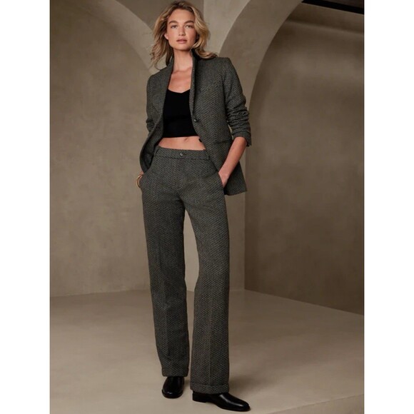 Banana Republic Wylder Straight Tweed Pant Trouser Cuffed Sz 8P Blackstone Twill - Picture 1 of 16